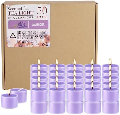 50 Pack Bulk Lavender Scented Tealight Candles in Clear Cup, Purple Wax Votive Candle for Birthdays Weddings Churches Anniversaries & More（8 Hour） by Wfmolcand