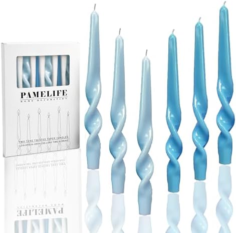 Twisted Taper Candles, 6 Pack 9.5 Inch Blue Babyblue Two Tone Spiral Design Decorative Set for Thanksgiving, Wedding Table Decor and Home Styling by PAMELIFE
