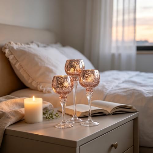 Hosley® Elevate Ambiance with Set of 3 Crackle Rose Gold Glass Tealight Holders 12 Inch, 10 Inch, 9 Inch Sophisticated Decor for Chic Candle Displays - Image 6
