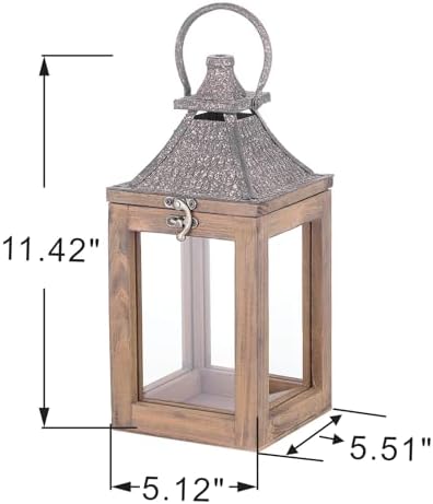 12" High Farmhouse Decorative Lantern, Glass and Metal, Distressed Brown Wood Finish, Rustic Brown Metal Top, Indoor Outdoor Candle Holders (Rustic Brown, 5"x5") - Image 2