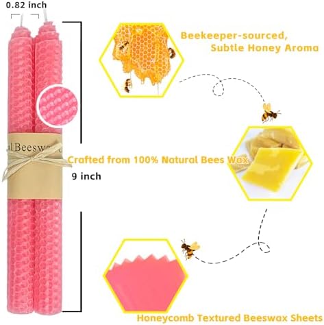 Lacaser Natural Beeswax Taper Candles Bulk Set,9" Long Candlesticks, Dripless & Unscented, 4 Hour Burn Time, Light Pink, 12 Pack - Image 2