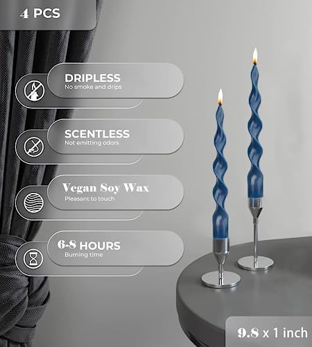 MAITREYA Navy Spiral Taper Candle Soy Wax Unscented Candles Sticks,Elegant Design for Home Decoration Weddings Parties,9.8inch,4pcs,Navy-E - Image 3