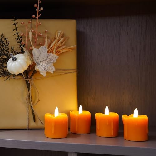 Rhytsing 2 inches Orange Flameless Votive Candles Real Wax Dripping Design, LED Faux Battery Operated Tealight Candles with Timer for Fall and Halloween, Batteries Included - Set of 4 - Image 6
