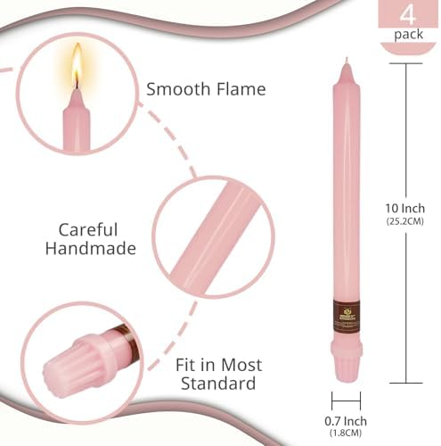 NJAO HOO Pink Candlesticks 10 Inch Handmade Dripless Taper Candles Unscented Colored Candle Set, Pack of 4 - Up to 9-11 Hours Burn - Image 3