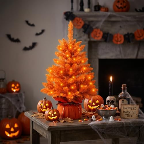 2FT Orange Halloween Tree with Lights, 50 LED Multicolor Prelit Mini Artificial Orange Christmas Tree, Tabletop Spooky Halloween Tree for Desk Home Indoor Holiday Party Decorations - Image 3