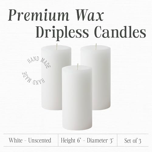 Mister Candle Dripless Unscented Pillar Candles, Set of 3 Hand Poured White Pillar Candles, Solid Color Non-Scented Candles for Home Decor, Premium Wax, 80 Hr Burn Time, 3x6 Inch - Image 2