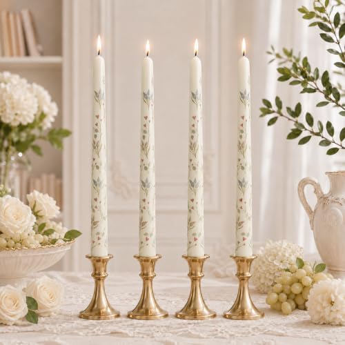 NJAO HOO Flower Candlesticks 10 in Straight Taper Candles Hand Printing Colored White Candlesticks Floral Tall Tapered Candle for Spring Home Garden Decor Simple Modern, 4Pcs by NJAOHOO
