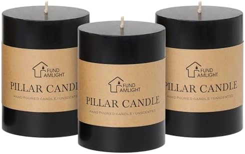 3x4 Inch Black Pillar Candles Set of 3 - Decorative Unscented Pillar Candles, Long Burning Dripless Candle for Home Decor, Smokeless Large Pillar Candle for Wedding, Dinner, Christmas, Halloween Decor by FUNDAMLIGHT