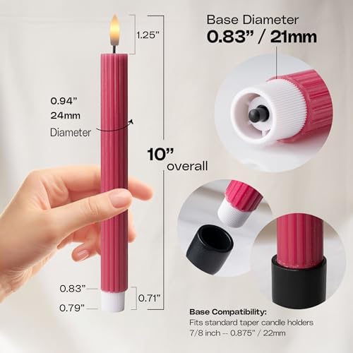 6 Pack, 10" LED Flameless Real Wax Pink Ribbed Taper Candles w/Remote Controller, On/Off Button, Dimmable, Flicker/Static Mode, Battery Operated, Holiday Christmas Menorah Wedding Decor - Image 4