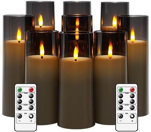kakoya Flickering Flameless Candles Battery Operated with Remote and 2/4/6/8 H Timer Plexiglass Led Pillar Candles Pack of 9 (D2.3 xH5.5 6.5" 7.5") with Realistic 3D Wick Candles for Home Decor(Grey) by FLAMELESSCANDLES