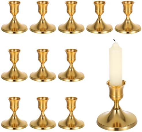 Gold Taper Candle Holder Set of 12,Vintage Small Low Brass Candlestick Holders,Short Skinny Candle Stick Holders for Dinner Room Table Centerpiece or Mantel Wedding Party Decor by Unknown