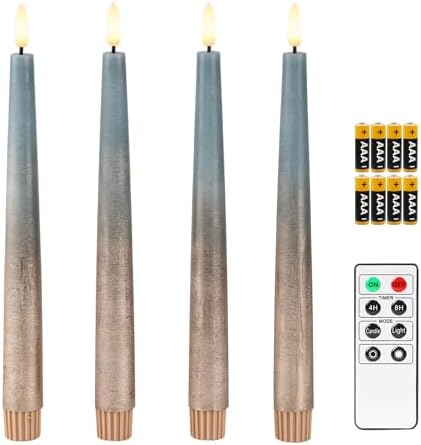 Fanna 9.6" Flameless LED Taper Candles with Timer in Real Wax, Battery Operated Rustic Metallic Dinner Candlesticks with Remote, 8 Batteries Included - Set of 4 - Misty Blue/Copper by Fanna