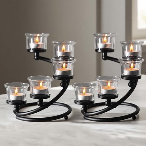 2Pcs Black 5-arm Metal & Glass Tea Light Candle Holders for Table Centerpiece, Glass Votive Tealight Holders/Candelabra Candlestick Holders for Wedding,Party, Anniversary,Christmas by KOLNLALA