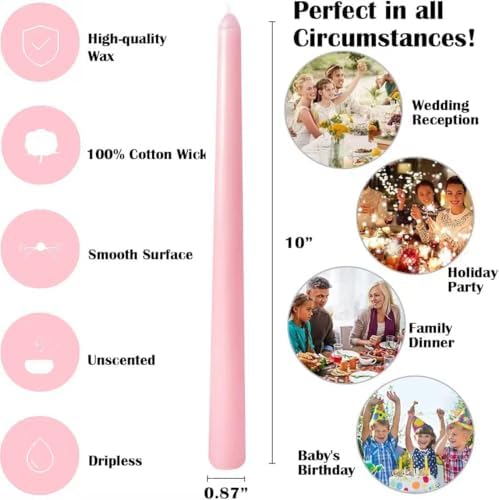 12 Pack 10 inch Pink Taper Candles, Unscented Dripless Candlestick Bulk for Home Dinner Wedding Romantic, Long-Lasting Burn Time of 7-8 Hours - Image 6