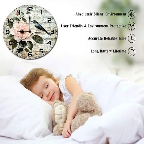 Love Birds Roses Flowers Wooden Silent Non-Ticking 10 Inch Round Clocks Battery Operated Analog for Living Room Kitchen Bedroom Bathroom Office Home School Decor