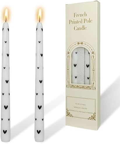 Black Little Heart Printed Taper Candles Smokeless - 2 pcs Handmade White Taper Candle Uncented Candle 10 inches Long Printed Tapered Candles for Home Party Wedding Restaurant Holiday Decor by YUKCAXDLS