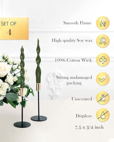 Olive Spiral Taper Candles Green Short Candle Sticks Unscented Smokeless Twisted Candlesticks for Fall Decor Holiday Dinner Party Christmas Decorations-7.5inch-4pack - Image 5
