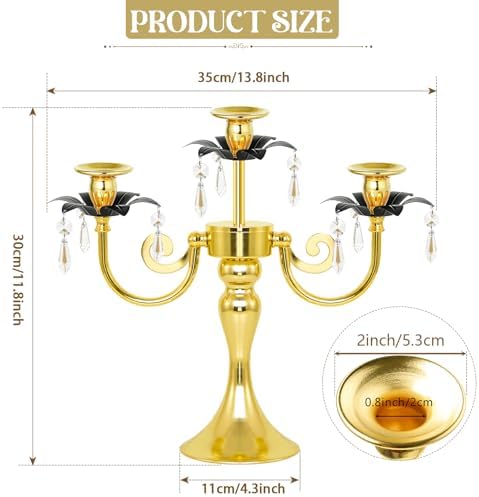2 Pcs 3 Arm Black and Gold Metal Candelabra with Crystal Pendants - 11.8 Inch Tall Candle Holders, Elegant Taper Candlestick Stand for Wedding, Dining Table, Christmas Party Home Decoration - Image 2