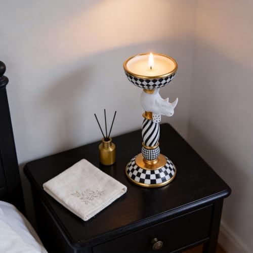 Checkered Animal Candle Holders, Resin Black White Checkered Tiger Head Candlestick Holders, Cute Black-and-White Pillar Candle Stand Home Decorations (Rhinoceros) - Image 5