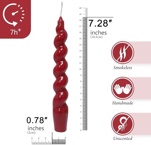 7.5 Inches Spiral Taper Candles Colorful Twisted Candle Dripless Long Candles, Handmade Candlesticks for Wedding Dinner Decor, Set of 4(Red) - Image 2