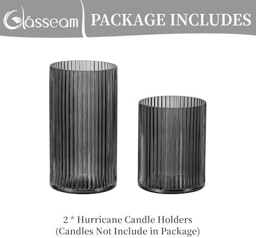 Glasseam Hurricane Glass Candle Holders: 2 Pcs Ribbed Cylinder Grey Vases - Image 7