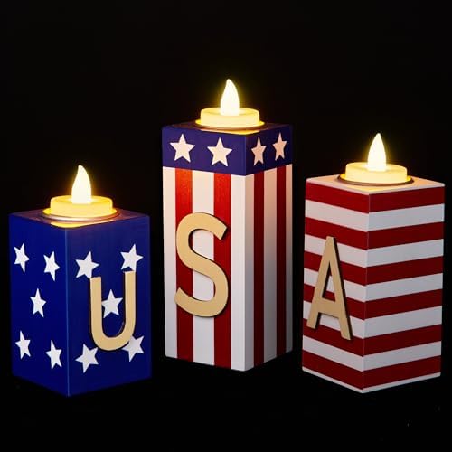BlcTec 4th of July Decorations, 3 PCS Patriotic Wood Candle Holders with Tea Lights, Rustic Farmhouse Centerpieces for Home, Tiered Tray, Tabletop, Mantel, Office, Porch, Memorial Day, July 4th Décor by BlcTec