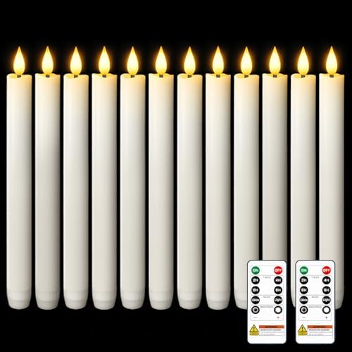 Homemory 12 Pcs Waxy Flameless Taper Candles with Remote, Flickering Battery Operated, LED Flameless Candlesticks, Classic Tall Taper Candles for Home, Wedding, Party, White, 9.6 inches by Homemory