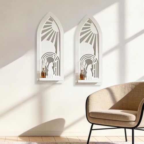 ZEXUIRU 2 Set Rustic Candle Sconces Living Room Bedroom Entryway Wood Mirrored, Farmhouse, Carved Frame Wall-Mount Wooden Candle Holders Wall Decor Hanging Handmade Holder - Distressed White - Image 3
