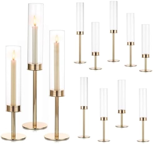 Hewory Gold Candlestick Holders: 12PCS Cylinder Glass Hurricane for Tapers by Hewory