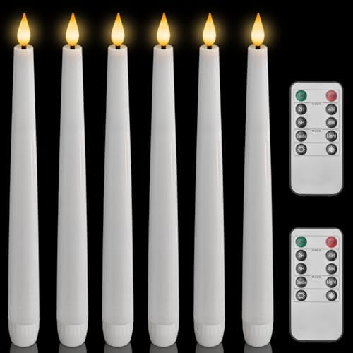 Homemory 6 Pcs Waxy Flameless Taper Candles with Remote, Led Candlesticks Classic Tall Candle, Flickering Battery Operated Taper Candles for Bedroom, Dining Room, White, 9.6 inches by Homemory