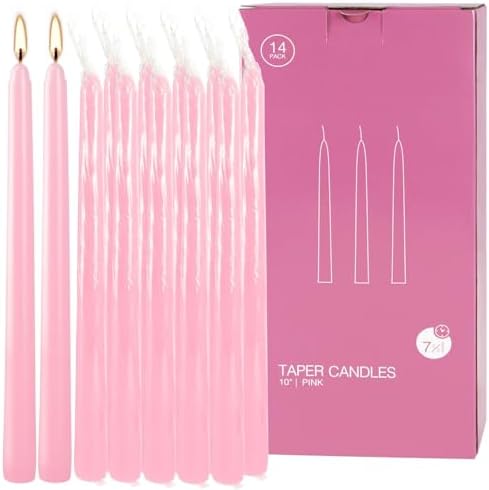 14-Pack Pink Taper Candles - 10 Inch Unscented Dripless Candlesticks, Long Burning for Weddings, Bridal Showers, Valentine's Day & Romantic Dinner Parties by HELLY