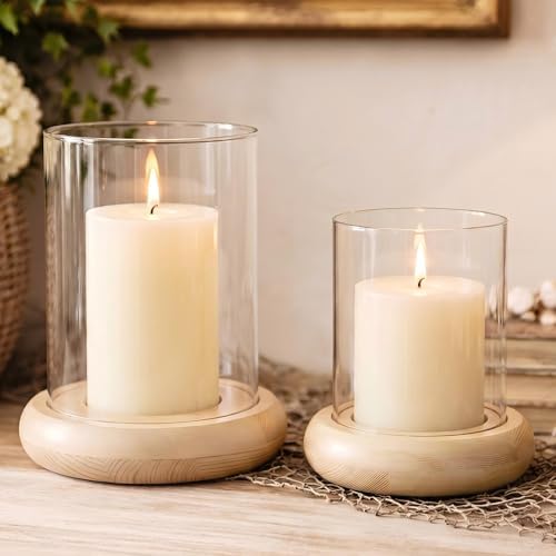 Set of 2 Hurricane Glass Candle Holders with Natural Brown Wood Base Decorative Candle Lantern, Farmhouse Rustic Boho Table Centerpieces Decor for Living Room, Outdoor Home Decor by LITIVY