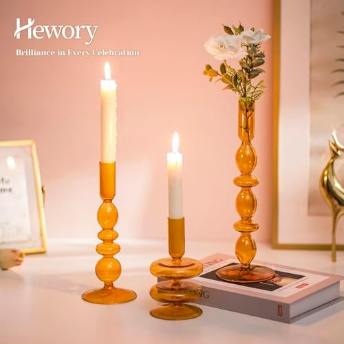 Hewory Amber Taper Candle Holders Set, 3 PCS Glass Candlestick Holders - Image 3