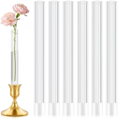 6 Pack 7.9” Acrylic Bud Vase — Striped Cylinder Bud Vase for Taper Candlesticks, Flower Vase with Silicon Rubber Case Fits Candlestick Size 20-22mm, Perfect for Tablescapes, Weddings & Home Decor by Unknown