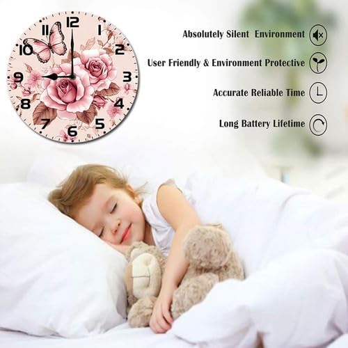 Butterfly Rose Flower Wooden Silent Non-Ticking 10 Inch Round Clocks Battery Operated Analog for Living Room Kitchen Bedroom Bathroom Office Home School Decor