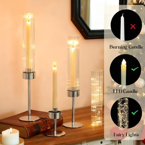 Metal & Acrylic Taper Candle Holders with Ribbed Design - Hurricane Clear Cylinder Candelabra for Wedding, Christmas, Party, Dining Table Centerpiece Decor (Silver, Set of 6) - Image 6