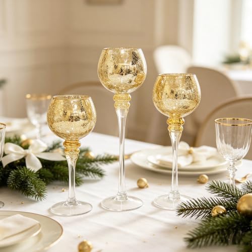 Hosley Set of 3 Crackle Gold Glass Tealight Holders 9 Inches 10 Inches and 12 Inches High Ideal for Weddings Special Events Parties Also Makes a Great Gift O9 - Image 7