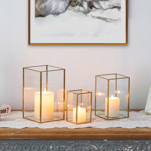 Glasseam Glass Hurricane Candle Holder: Set of 3 Gold Square Candle Holders for Pillar Candles Large for Table Centerpiece Wedding Christmas Decorative by Glasseam