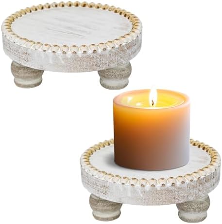 Small Wood Risers for Decor, Round Wooden Display Risers Candle Plates and Trays, Farmhouse Candle Trays Home Decor, Pedestal Stand for Mini Cake, Mug Display Decorative, Table Centerpiece, White by CEDARLUX