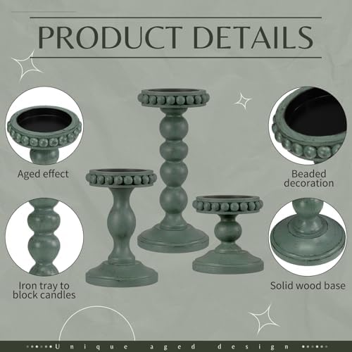 Mumufy 3 Set Wooden Candle Holders for Pillar Candles, Sage Green, Small - Image 5