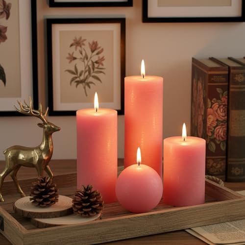 Pink Textured Pillar Candles Set - 4 Pcs Assorted Sizes Rustic Unscented Pillar Candle, Decorative Farmhouse Candles for Home Centerpiece Decor, Holiday Dinner Table, Dripless & Smokeless - Image 3