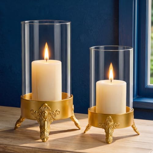 Set of 2 Hurricane Glass Candle Holders, Glass Dome & Metal Base by Singhoow