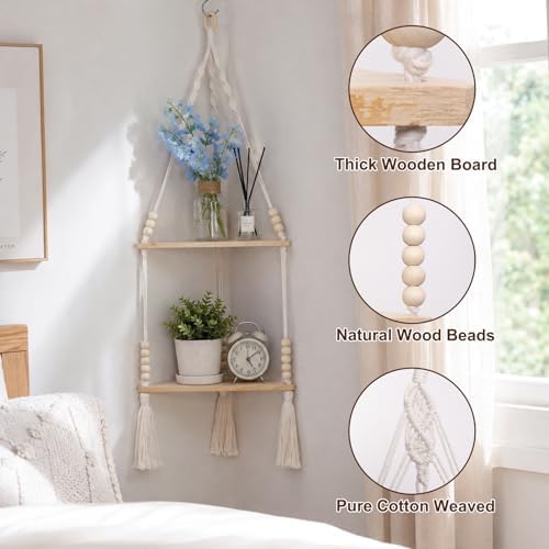 Artilady Macrame Wall Hanging Corner Shelf, Adjust Boho Storage Wall Decor - Image 6
