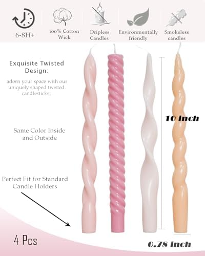 Pink Taper Candles Twisted Candlesticks Unscented Smokeless Tall Candles for Wedding Holiday Dinner Party Home Decorative candles-10inch,4pcs - Image 2