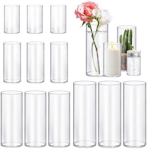 12 Pack Glass Cylinder Vases 4,6,8,10 Inch Tall Clear Flower Vase Hurricane Floating Candle Holder for Table Centerpiece Wedding Home Decor. by Homjoy