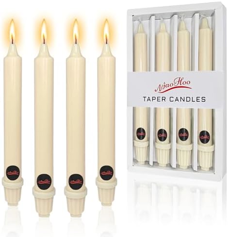 NJAO HOO Ivory Candlesticks 8 Inch Unscented Taper Candle Dripless Handmade Colored Candles for Home Decor Dinner Table Kitchen and Bedroom, 4 Pack by NJAOHOO