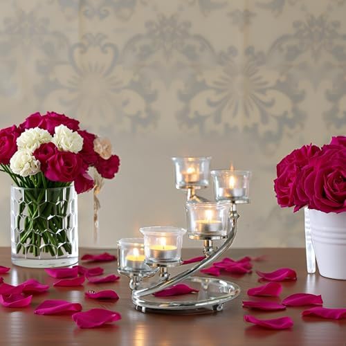 1Pc Silver 5-arm Metal & Glass Tea Light Candle Holders for Table Centerpiece, Glass Votive Tealight Holders/Candelabra Candlestick Holders for Wedding,Party, Anniversary,Christmas - Image 6