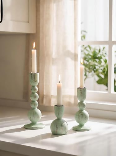 NUPTIO Wooden Taper Candle Holders, Set of 3 Sage Green Candlesticks by Nuptio