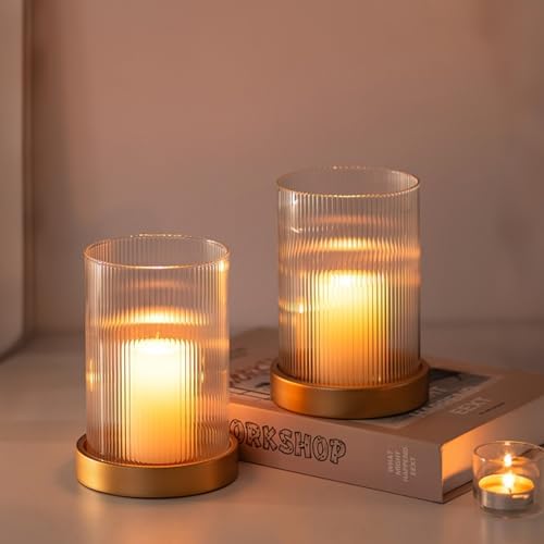 Glasseam Hurricane Glass Candle Holder: Gold Pillar Candle Holders Set of 2 Ribbed Glass Cylinder Covers with Metal Candle Tray Modern Candle Holders for Table Centerpiece Living Room Decorations by Glasseam
