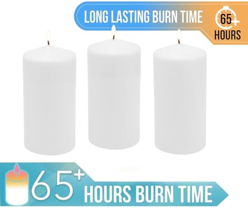 Stonebriar 3 Pack Tall 3 x 6 Inch 65 Hour Long Burning Unscented White Wax Pillar Candles - Image 6